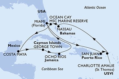 14 Noches por Estados Unidos, Bahamas, México, Gran Caimán, Jamaica, Puerto Rico, Islas Vírgenes (Estadounidenses) a bordo del MSC Seaside