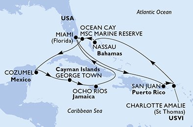 14 Noches por Estados Unidos, Bahamas, México, Gran Caimán, Jamaica, Puerto Rico, Islas Vírgenes (Estadounidenses) a bordo del MSC Seaside