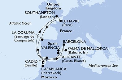 Southampton,Le Havre,La Coruna,Cadiz,Casablanca,Barcelona,Palma de Mallorca,Valencia,Alicante,Southampton