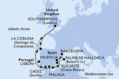 Visiting: Lisbon, Cadiz, Malaga, Alicante, Palma de Mallorca,...