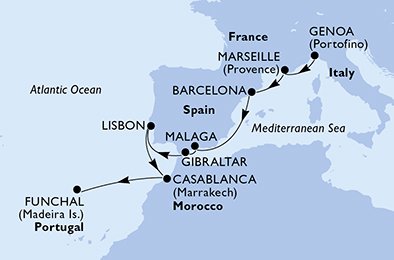 Visiting: Marseille, Barcelona, Malaga, Gibraltar, Lisbon,...