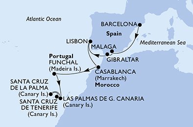 Visiting: Malaga, Gibraltar, Lisbon, Casablanca, Funchal, Las...