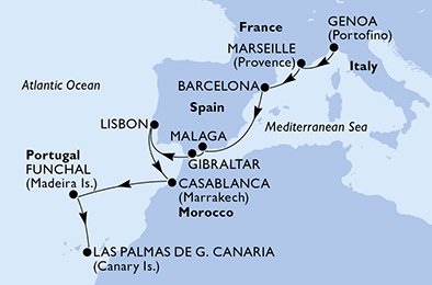 Visiting: Marseille, Barcelona, Malaga, Gibraltar, Lisbon,...