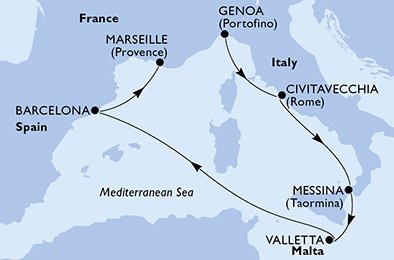 Visiting: Civitavecchia, Messina, Valletta, Barcelona, Marseille