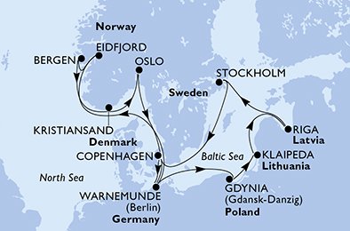 Visiting: Eidfjord, Bergen, Kristiansand, Oslo, Copenhagen, Gdynia,...