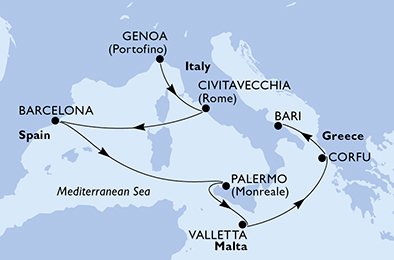 Visiting: Civitavecchia, Barcelona, Palermo, Valletta, CorfÃ¹, Bari
