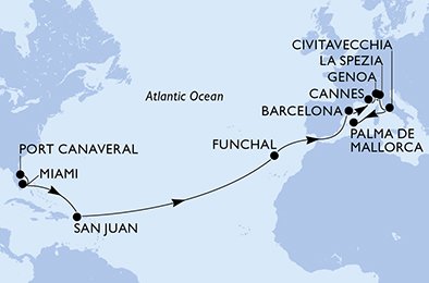 Visiting: Miami, San Juan, Funchal, Barcelona, Cannes, Genoa, La...