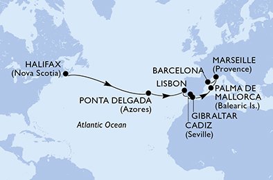 Visiting: Ponta Delgada, Lisbon, Cadiz, Gibraltar, Palma de...
