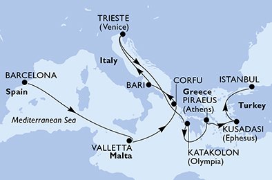 Visiting: Valletta, CorfÃ¹, Bari, Trieste, Katakolon, Piraeus,...