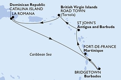 Visiting: Catalina Island, Bridgetown, Fort de France, St. John's,...
