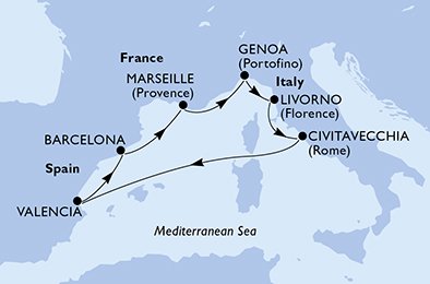 Visiting: Genoa, Livorno, Civitavecchia, Valencia, Barcelona