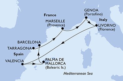 Visiting: Marseille, Genoa, Livorno, Valencia, Palma de Mallorca,...