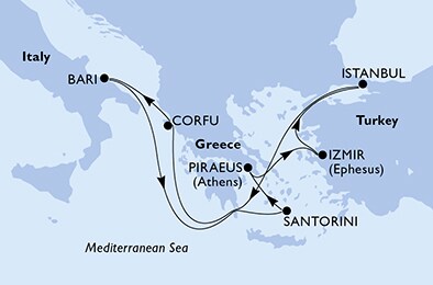 Visiting: Izmir, Istanbul, CorfÃ¹, Bari, Santorini