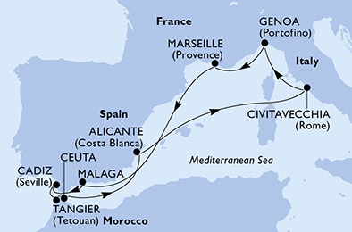 Visiting: Genoa, Marseille, Malaga, Cadiz, Tangier, Ceuta, Alicante