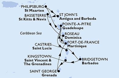 Visiting: Kingstown, Saint George, Fort de France, Pointe-a-Pitre,...