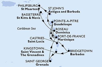 Visiting: Kingstown, Saint George, Fort de France, Pointe-a-Pitre,...