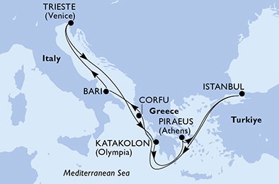 Visiting: Istanbul, CorfÃ¹, Bari, Trieste, Katakolon