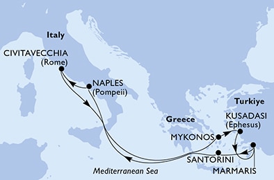 Visiting: Santorini, Naples, Civitavecchia, Mykonos, Kusadasi