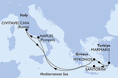 Visiting: Santorini, Naples, Civitavecchia, Mykonos